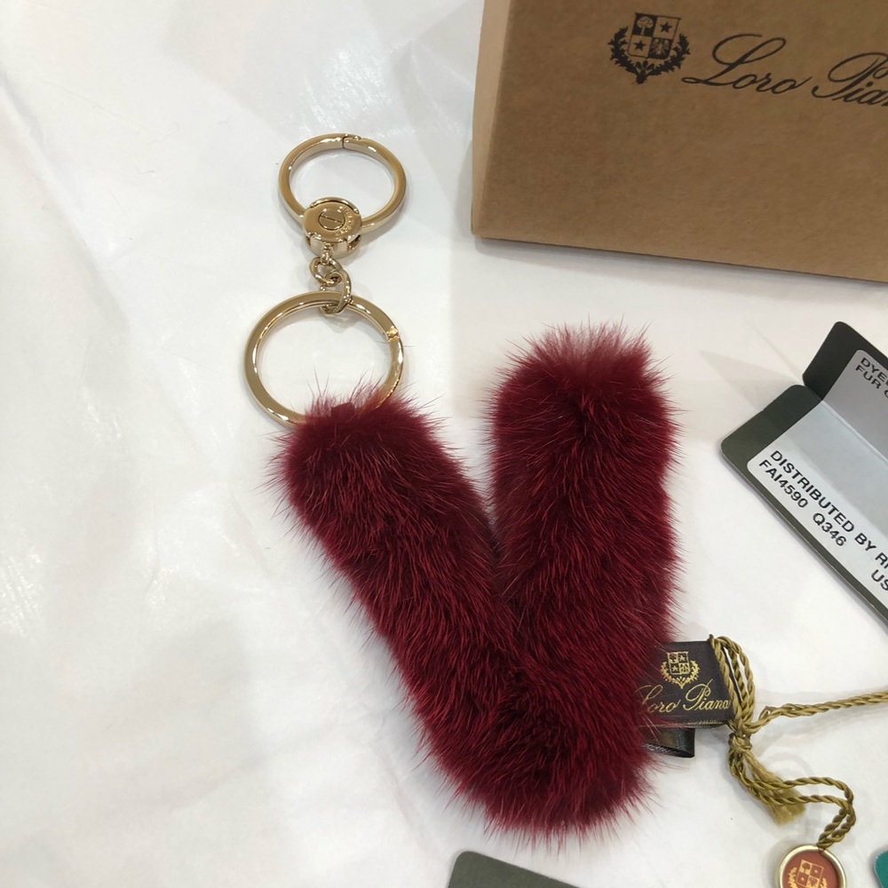 LORO PIANA MINK FUR INITIAL LETTER "V" BURGUNDY KEYCHAIN CHARM